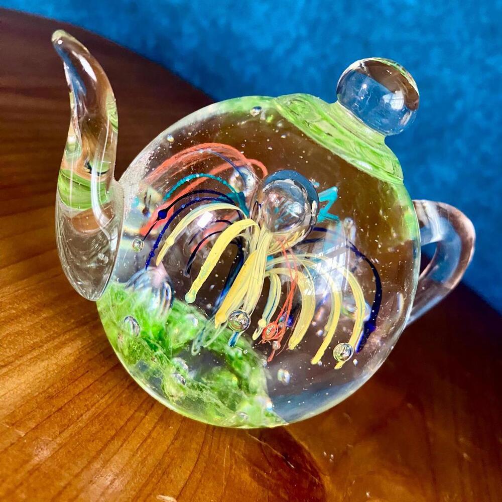 Vintage Blown Glass Green Teapot Paperweight Colorful Fountain Design Art Glass